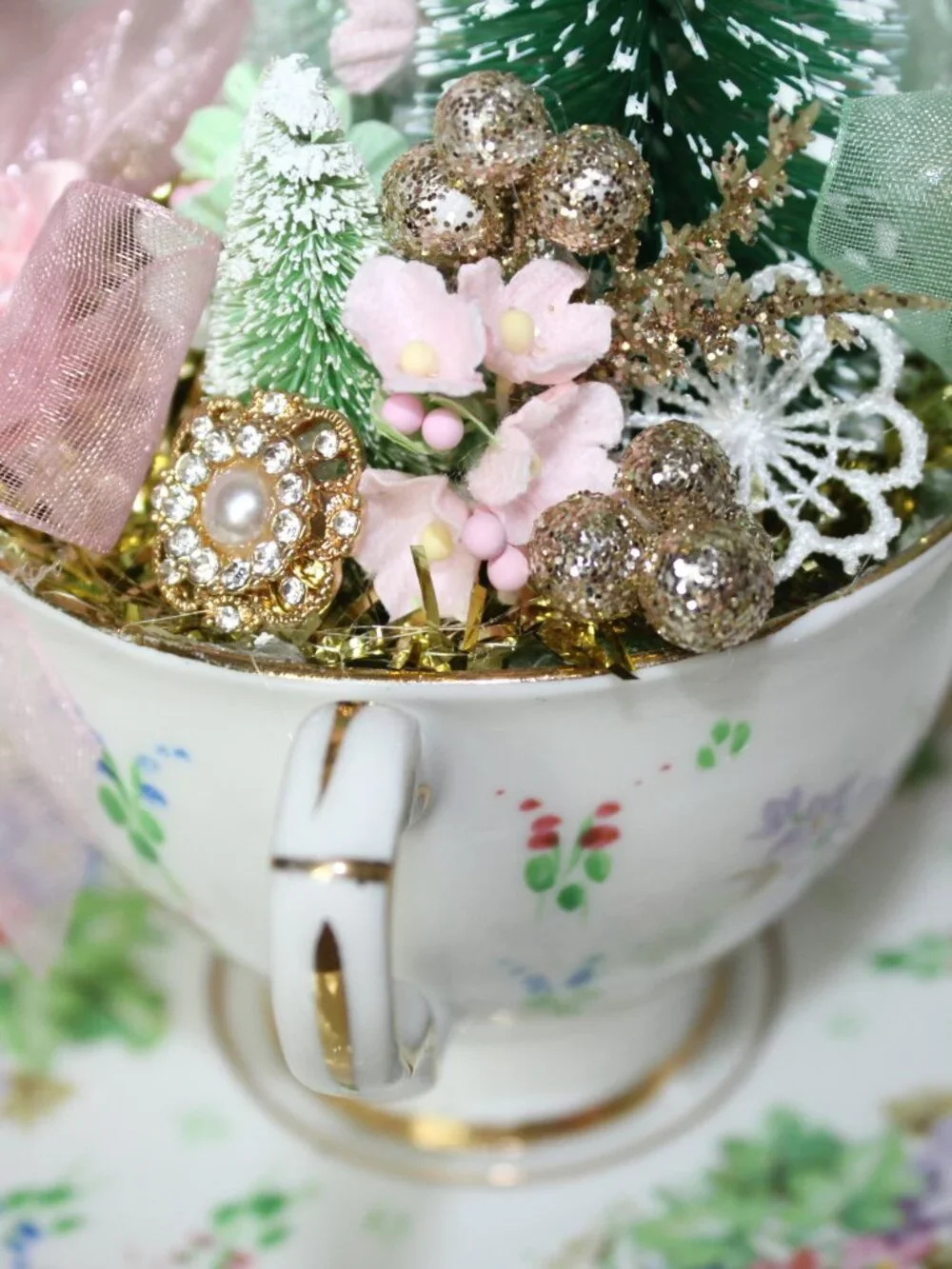 Teacup Christmas Tree Assemblage: Shabby Chic Pink Holiday Decor